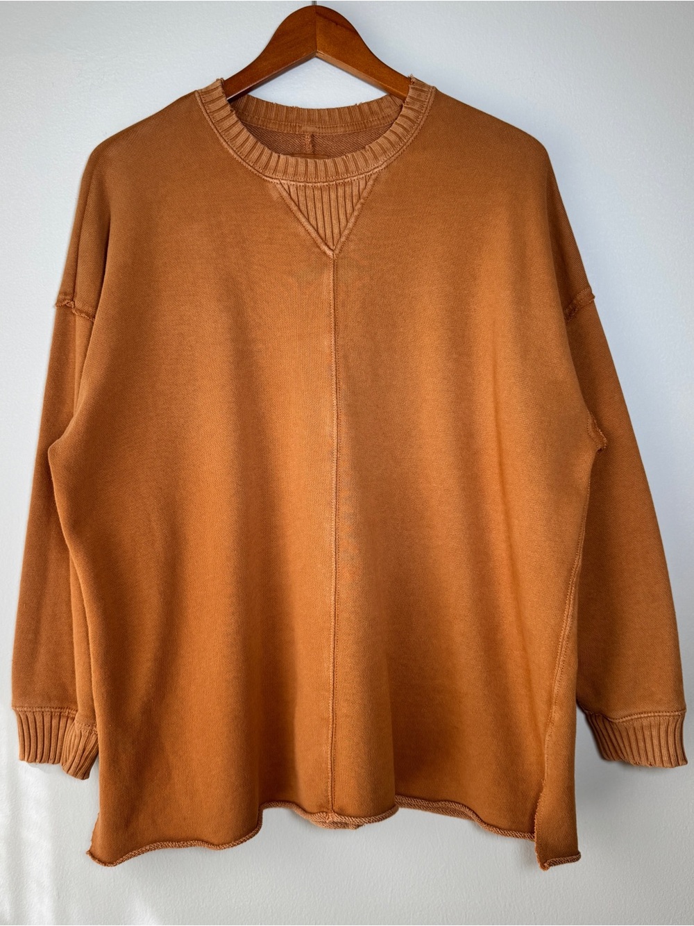 Aerie Oversized Tan Distressed Pullover Cotton Knit Slouchy Sweatshirt Size XS